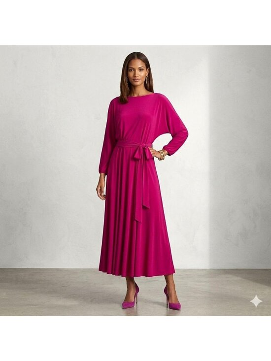 Lauren Ralph Lauren Dresses & Skirts - Lauren Ralph Lauren Womens Fuchsia Belted Jersey Midi Dress Sz 16 Comfort Party